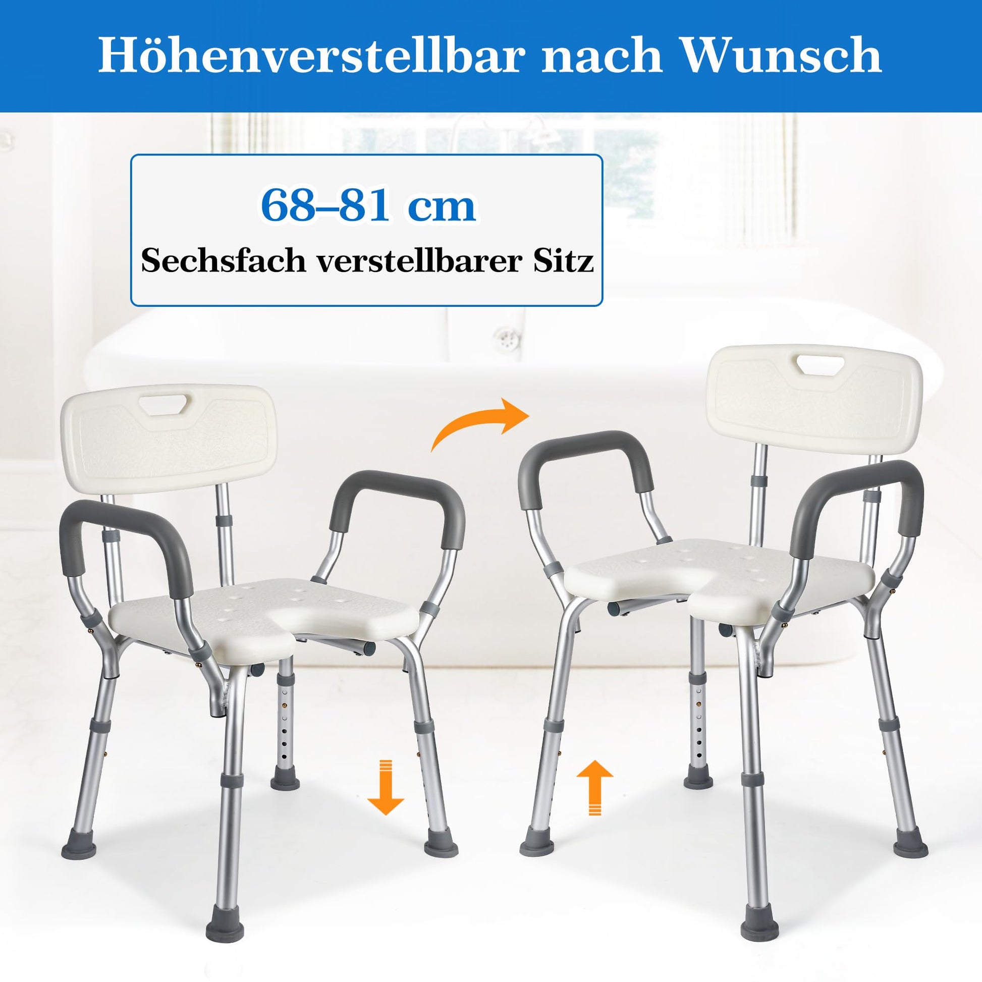 Sedia da doccia Garvee con braccioli e schienale – Sedile da doccia regolabile in altezza per anziani (fino a 158 kg), ausilio per la doccia antiscivolo, leggero e stabile – Bianco, montaggio rapido