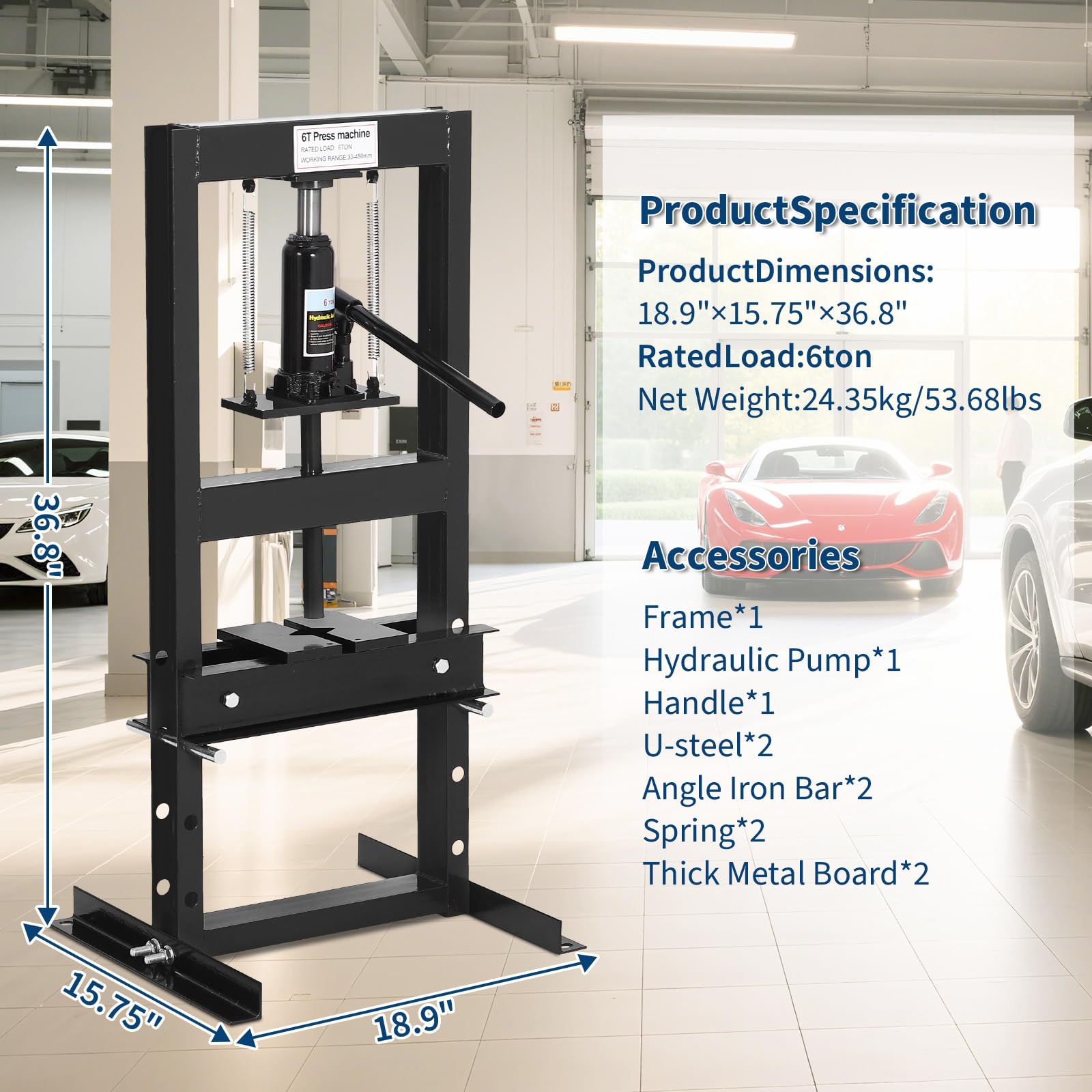 Pressa idraulica da 6 tonnella con H e altzza regolabile per officina e riparazione auto, acciaio al carbonio, molle di precisione, nero
