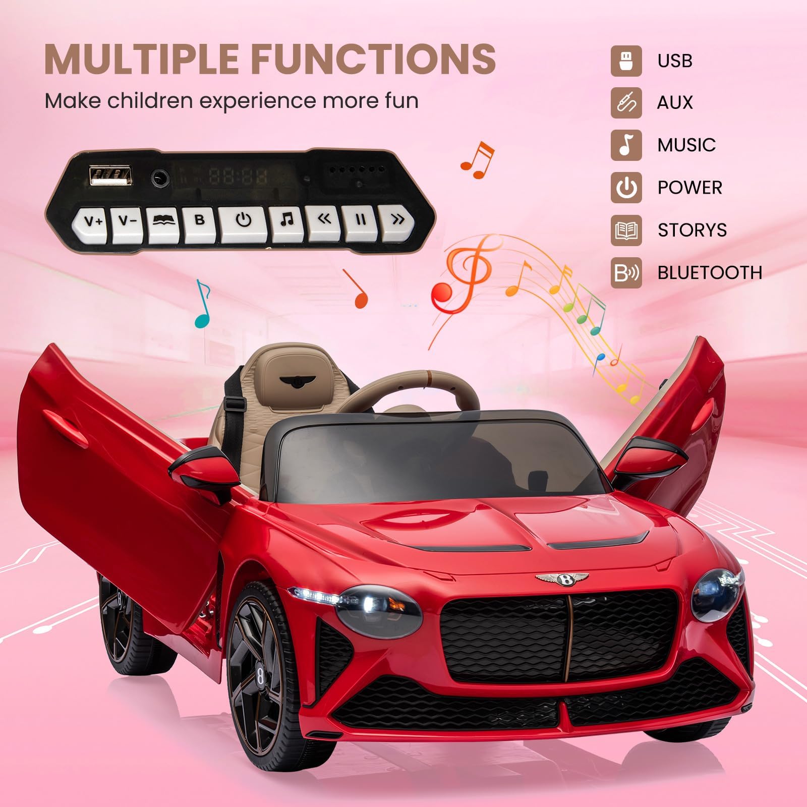 Garvee 12V Auto elettrica per bambini rosso scuro con telecomando Veicolo fuoristrada robusto per avventure all'aperto per bambini dai 3 agli 8 anni con musica e LED