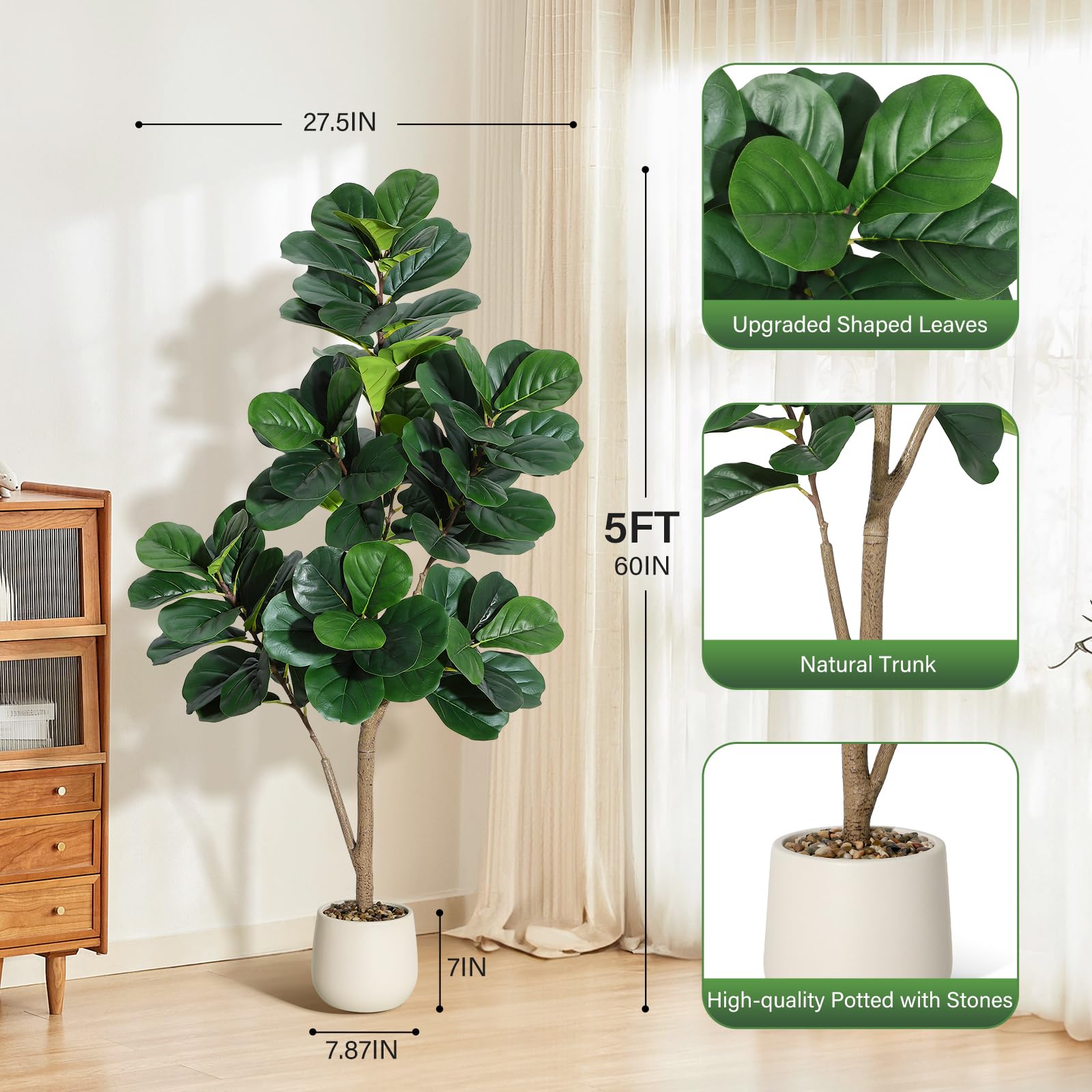 Albero artificiale Garvee Ficus Lyrata da 5 piedi con vaso bianco per la decorazione del soggiorno, PVC+PE, base in cemento stabile, 77 foglie realistiche