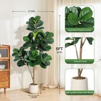 Albero artificiale Garvee Ficus Lyrata da 5 piedi con vaso bianco per la decorazione del soggiorno, PVC+PE, base in cemento stabile, 77 foglie realistiche