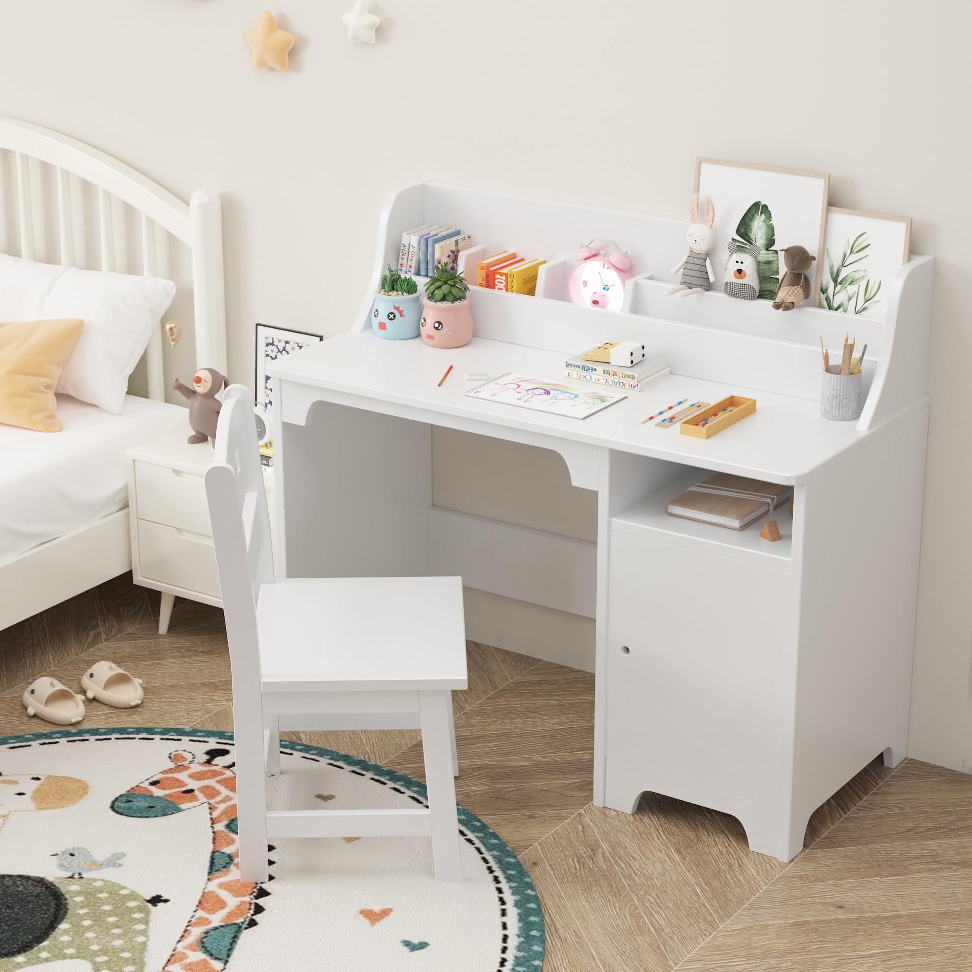Scrivania per bambini Garvee White con sedia, in legno, contenitore ed ergonomica per camerette, 3-8 anni, bianca