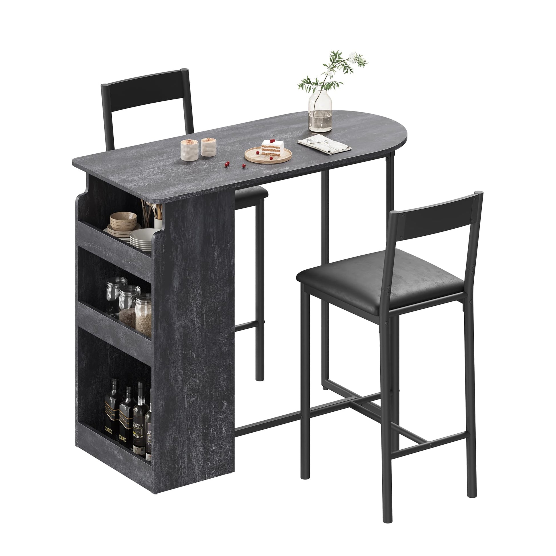 Set tavolo e sedie da bar Garvee con piano semicircolare in stile retrò, 3 ripiani, sgabelli rivestiti in pelle per cucina e ufficio, moderno, salvaspazio