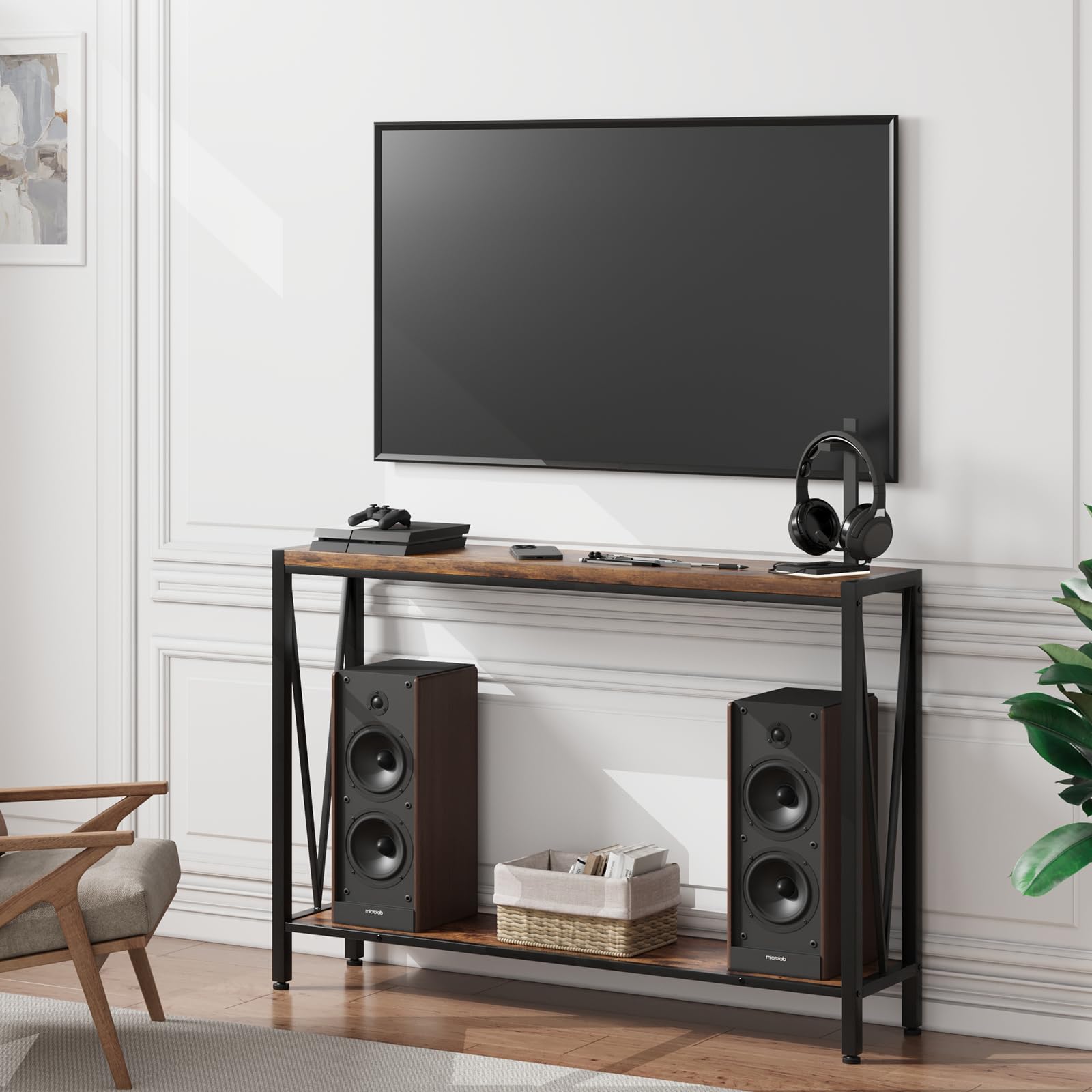 Tavolo consolle rustico Garvee da 42.9" grigio, a 2 livelli, in legno e metallo per soggiorno e corridoio, spazio per archiviazione, robusto