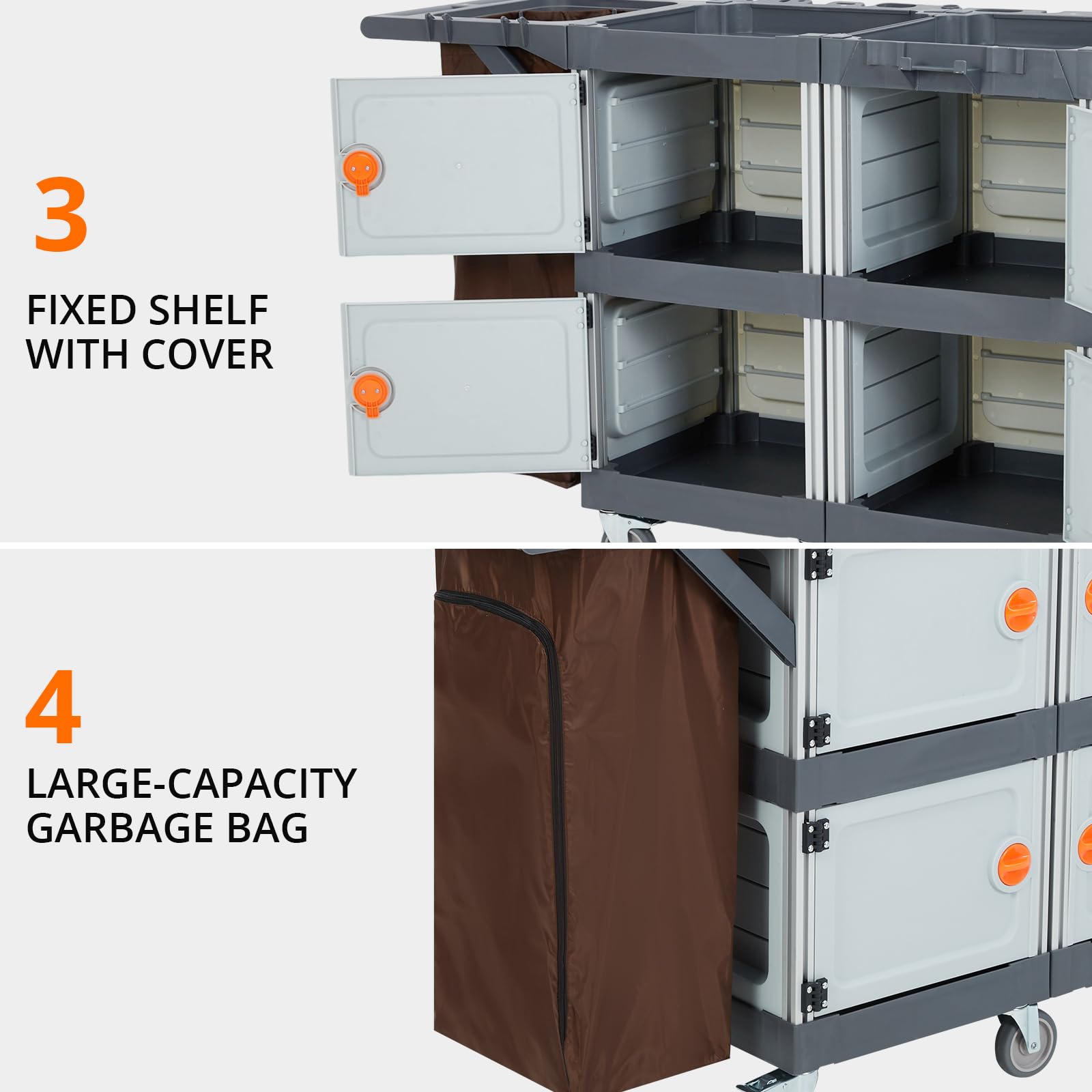 Carrello per la pulizia Garvee con 4 armadietti, 3 ripiani e grande sacco in vinile per hotel, ufficio e ospedale, 136 kg, grigio