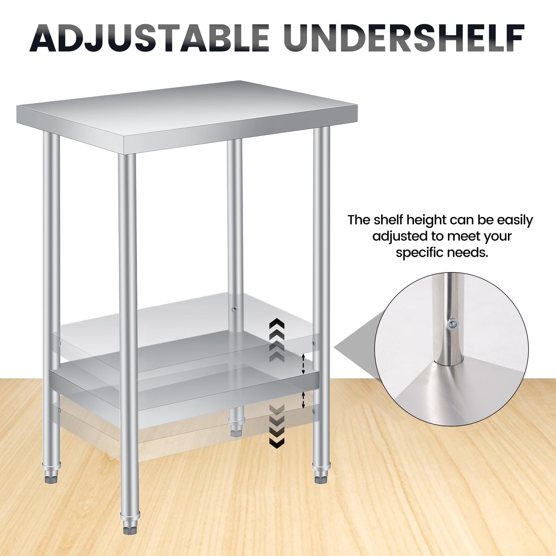 Tavolo da lavoro in acciaio inossidabile Garvee da 24x18 pollici con ripiano inferiore regolabile per catering e uso esterno, antiruggine e antigraffio