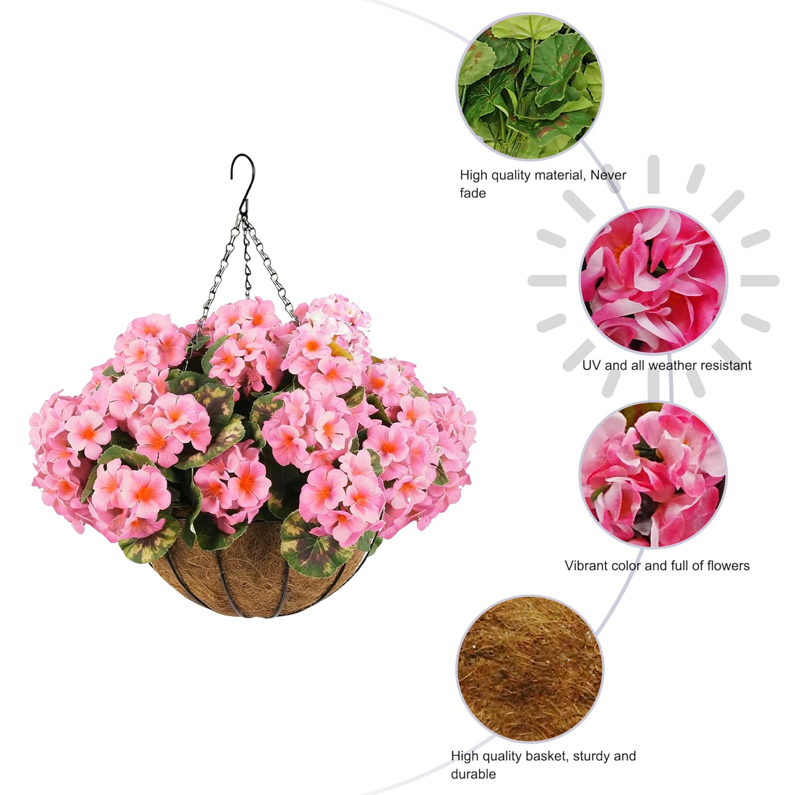 Set di fiori di geranio artificiali Garvee, 12 pezzi, resistenti alle intemperie, rosa, da appendere, per giardino e patio, cestino marrone
