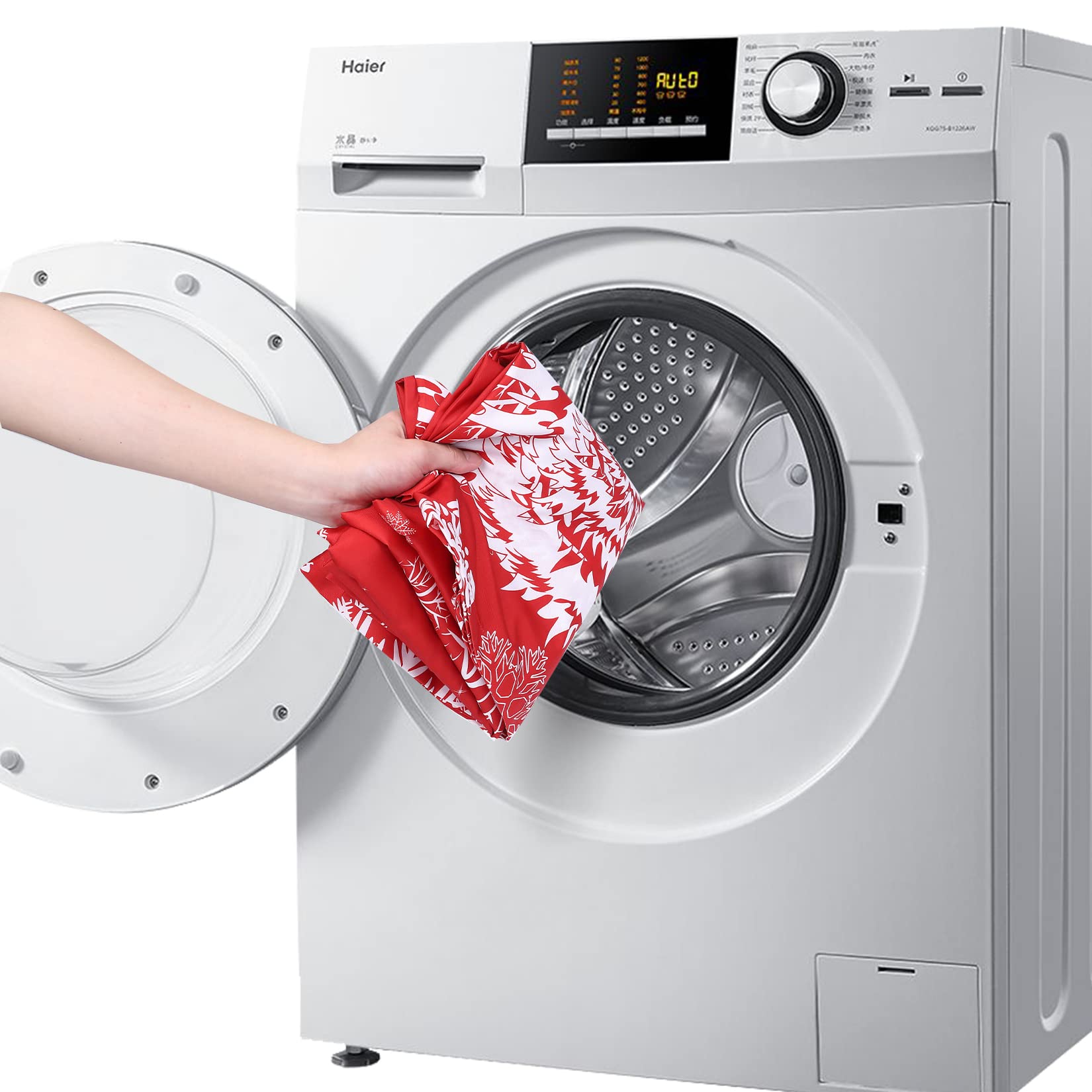 Tenda da doccia natalizia Garvee con motivo a albero di Natale e neve, impermeabile, 85x183 cm, in poliestere rosso per bagni e feste