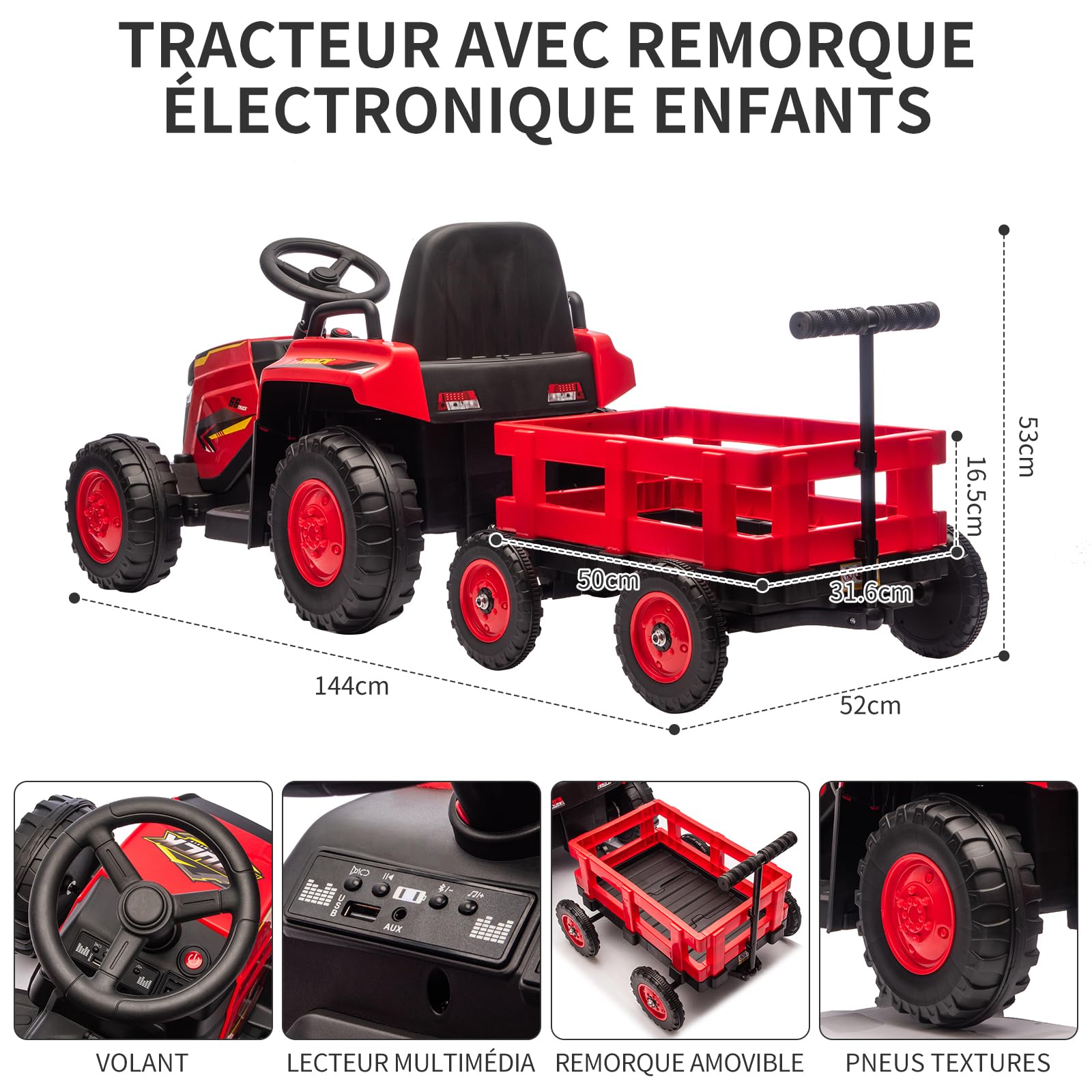 Trattore elettrico per bambini Garvee 12V con rimorchio staccabile, telecomando, doppi motori, fari a LED per giardino e cortile, 6 pneumatici, multicolore