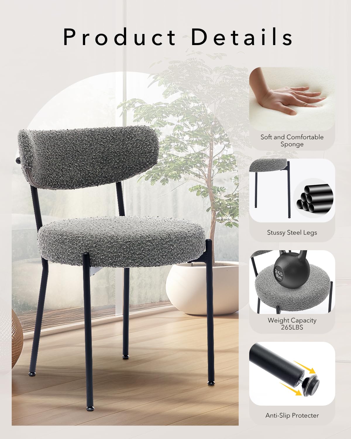 Set 2 sedute per Pranzo Garvee Mid Century Bouclé Viol e shinale regolabi Viol in metallo in schiuma ad alta densità Ergonomiche per sala da Pranzo Nero