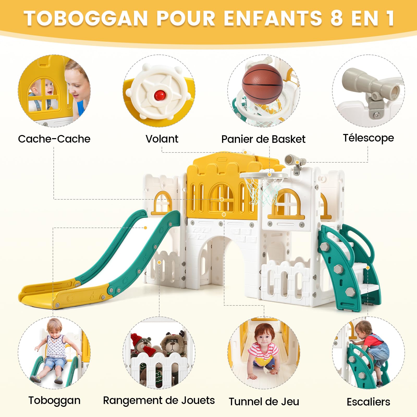 Scivolo per bambini Garvee 8 in 1 con struttura per arrampicata, telescopio, canestro da basket, tunnel per bambini da 1 a 3 anni, stabile, ecologico, design moderno