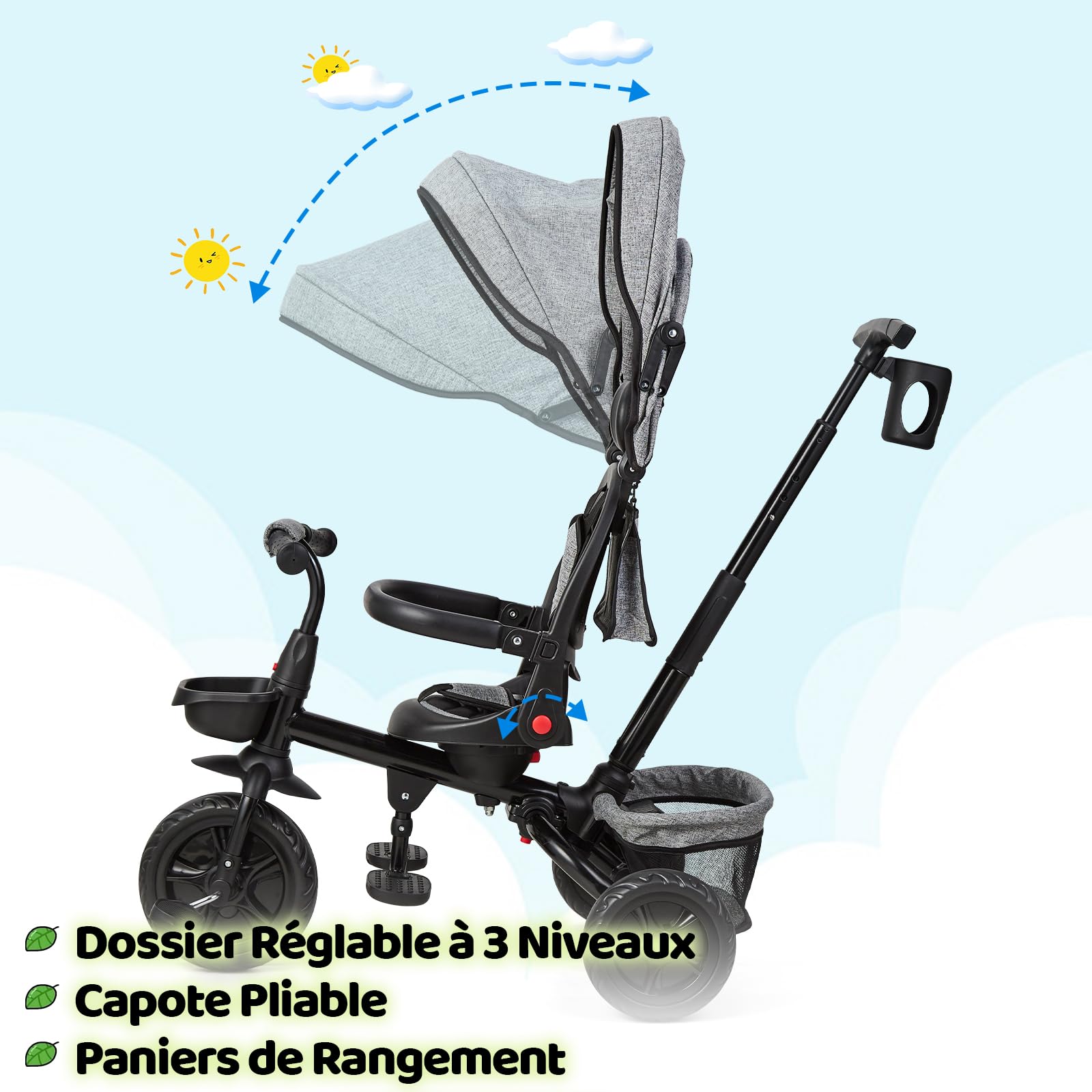 Triciclo per bambini Garvee scalabile 6 in 1, bicicletta per bambini con sedile reversibile per sole e pedali, grigio, da 10 mesi a 5 anni