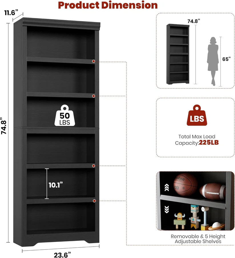 Garvee Libreria Rustica Alta 190,5 cm Con 2-6 Ripiani Regolabili, Struttura MDF Robusta, Design Elegante, Anti-Ribaltamento Per Soggiorno E Studio, Neutro