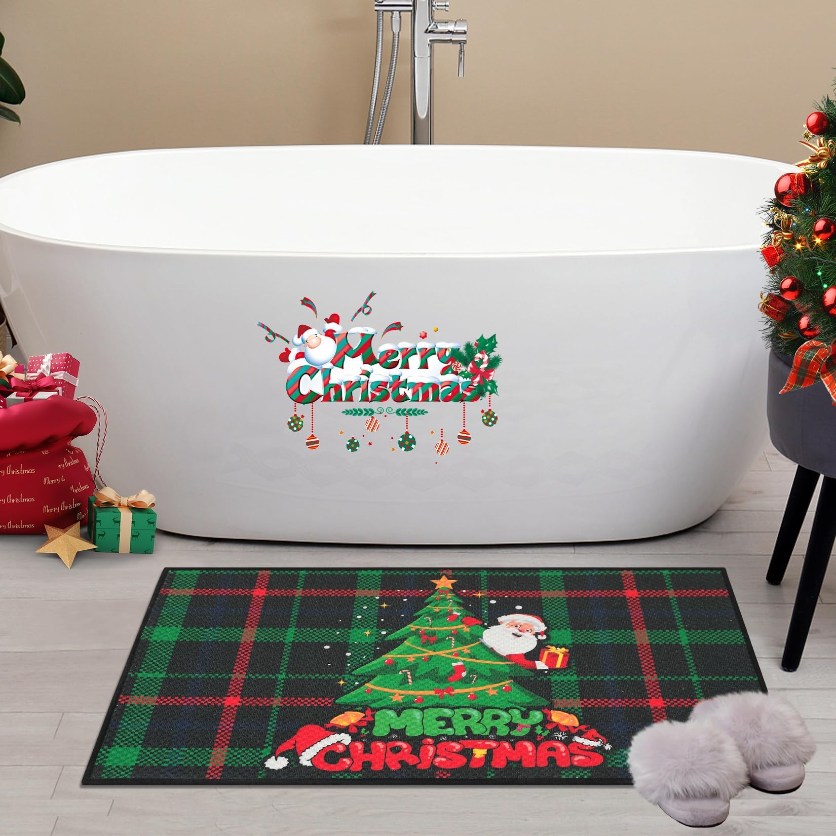 Garvee Zerbino Natalizio Antiscivolo con Albero di Natale e Babbo Natale, Poliestere Effetto Lino, 40x80 cm, Per Uso Interno ed Esterno, Rosso e Verde