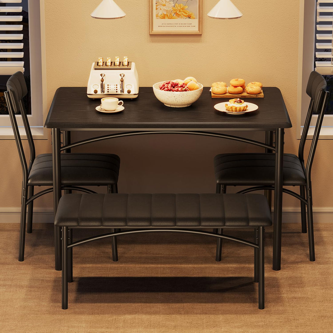 Set da pranzo Garvee per 4 persone con sedie imbottite e panca, tavolo rettangolare in legno, robusto, salvaspazio, ideale per appartamenti, MDF e acciaio