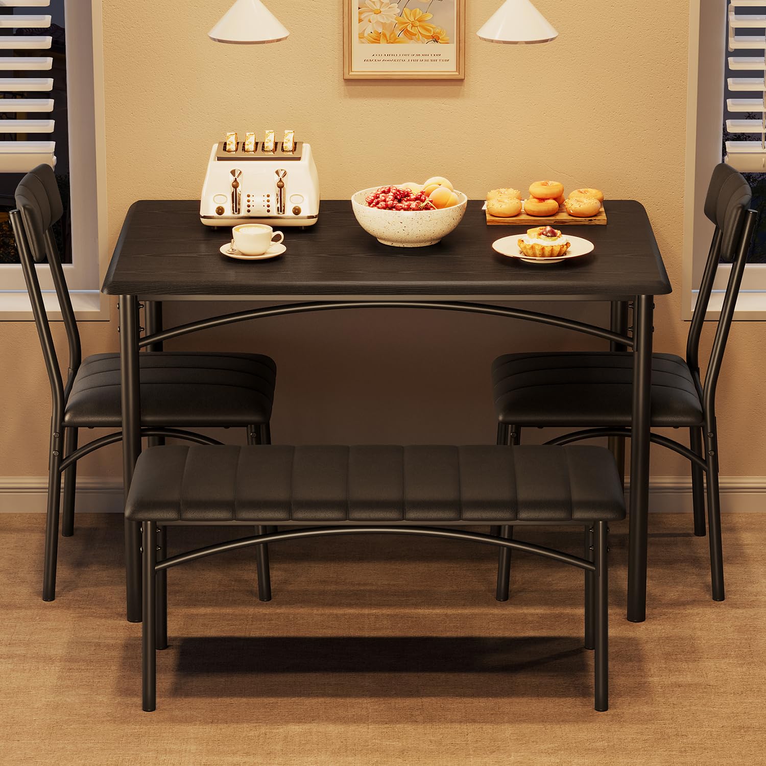 Set da pranzo Garvee per 4 persone con sedie imbottite e panca, tavolo rettangolare in legno, robusto, salvaspazio, ideale per appartamenti, MDF e acciaio
