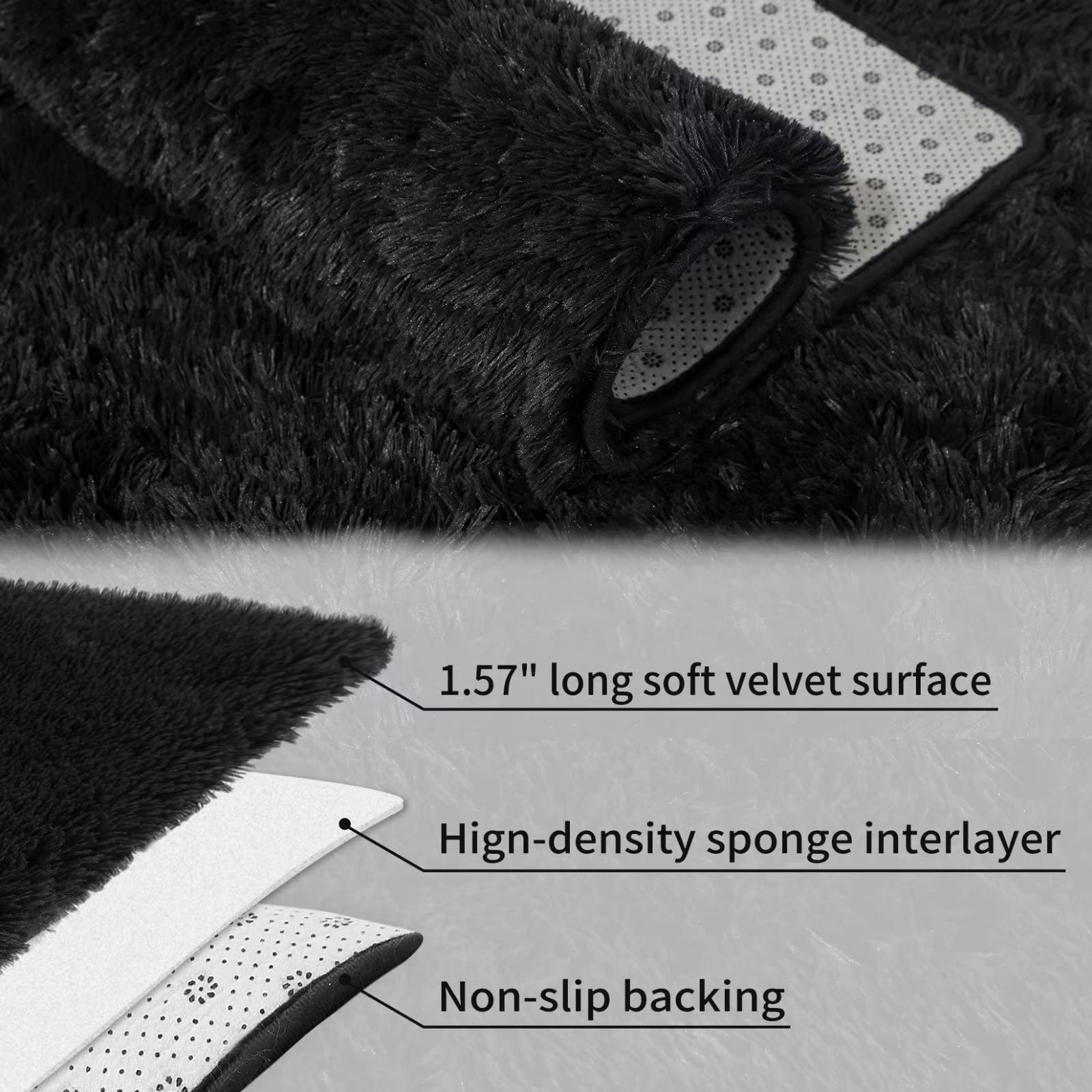 Tappeto rotondo Garvee Fluffy 3'3,3" per cameretta dei bambini, morbido velluto a pelo lungo, nero, antiscivolo, arredamento per soggiorno e camera da letto