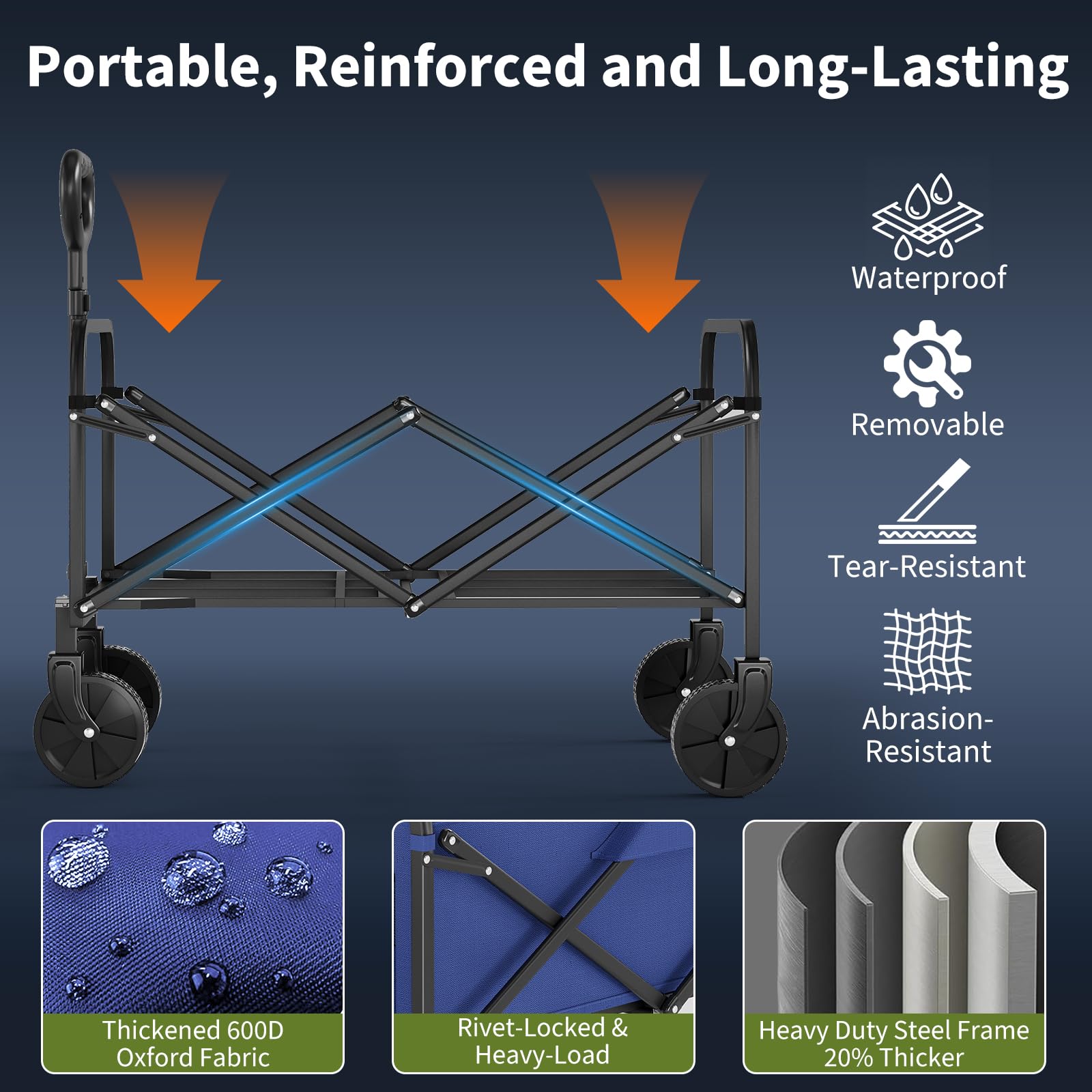 Garvee Carretto da campeggio, tessuto Oxford PVC 600D, telaio in acciaio, pieghevole, leggero, per esterni, spiaggia, festival, 73x46,5x89,5 cm