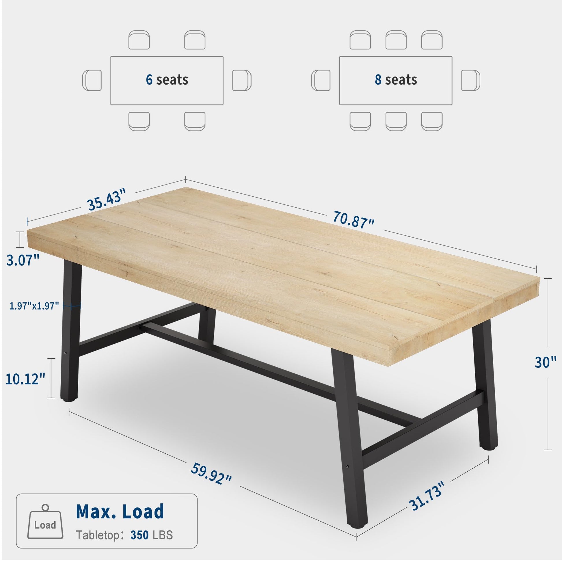 Tavolo da pranzo industriale Garvee per 6-8 persone, struttura in metallo robusto, superficie in MDF marrone rustico, gambe regolabili, 70,87 pollici