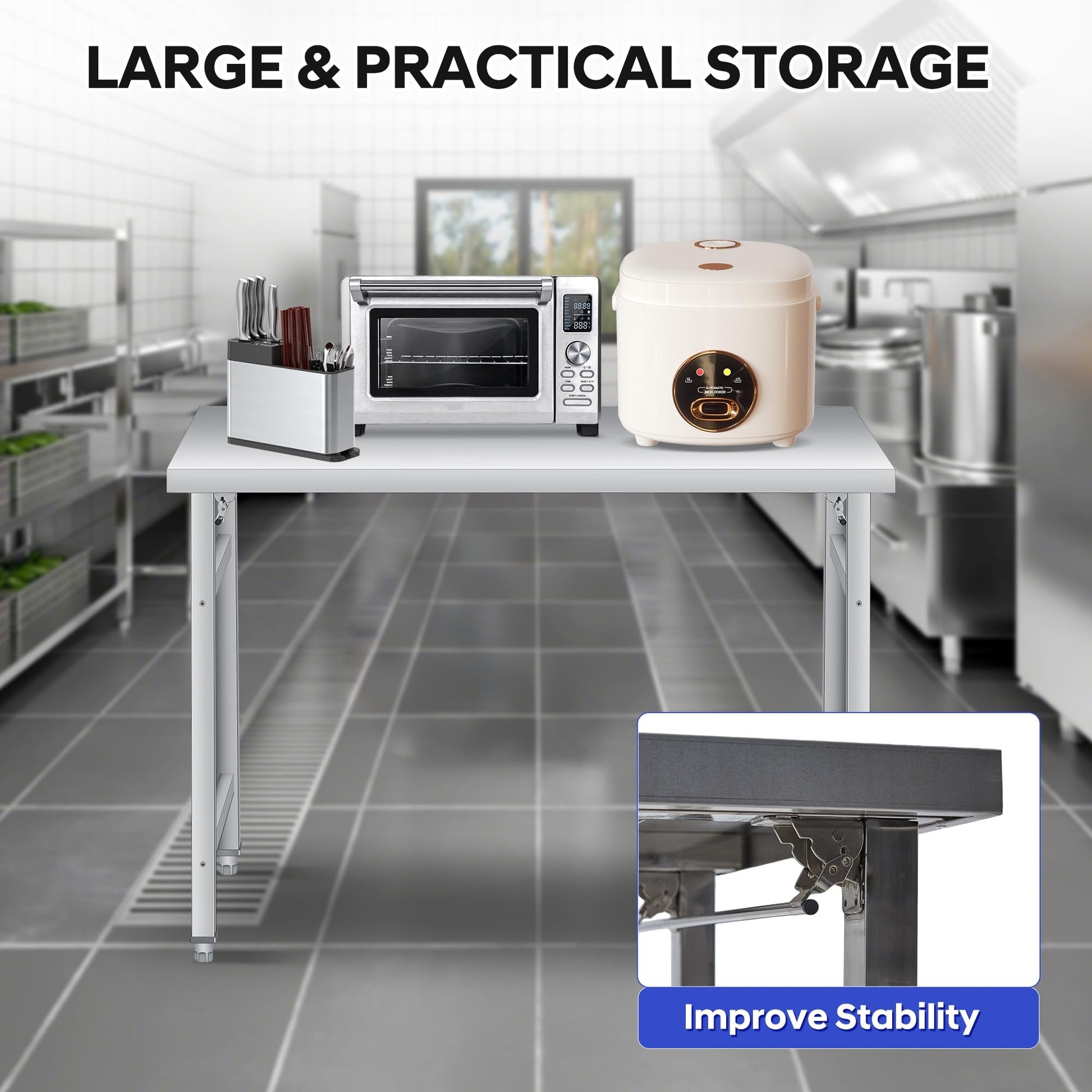 Tavolo pieghevole Garvee in acciaio inossidabile da 36" x 24" con ripiano inferiore regolabile per cucina, officina, garage, dimensioni 36", acciaio inossidabile
