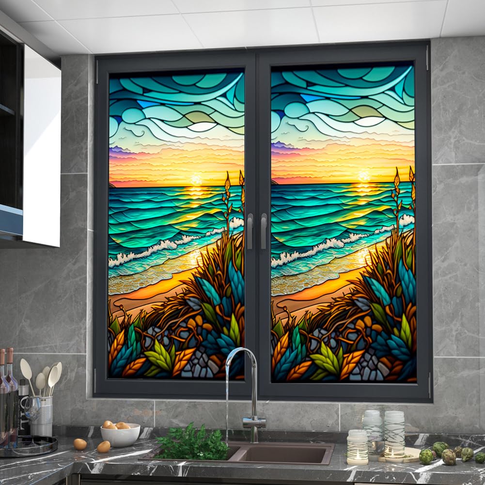 Pellicola per finestre in PVC Garvee con motivo tramonto sul mare, 45x100 cm, colorata, non adesiva, riutilizzabile, per soggiorno e ufficio