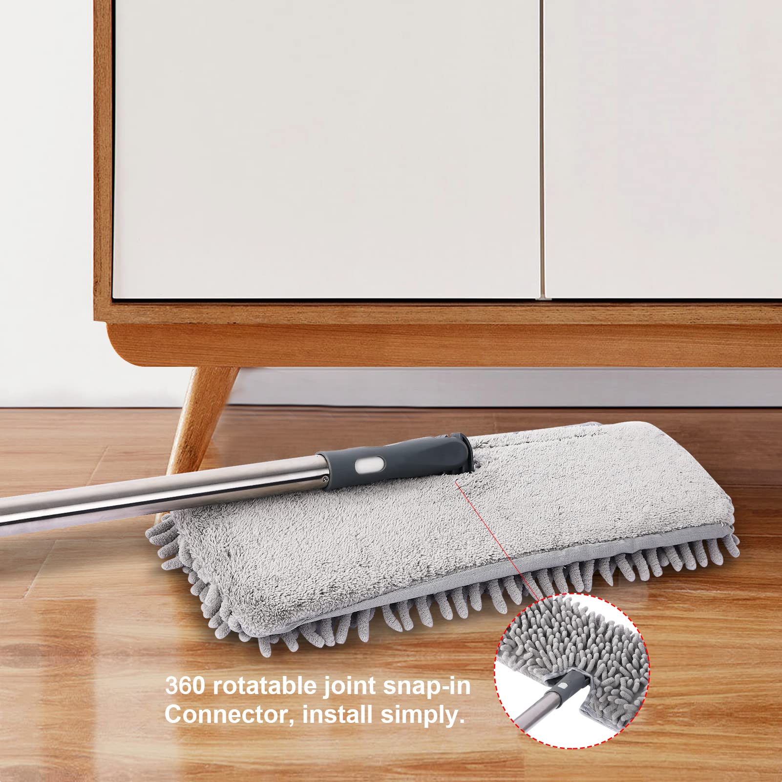 Garvee 2 in 1 Mocio per pavimenti con 4 cuscinetti biadesivi in microfibra e ciniglia per tutti i pavimenti, leggero, girevole a 360°
