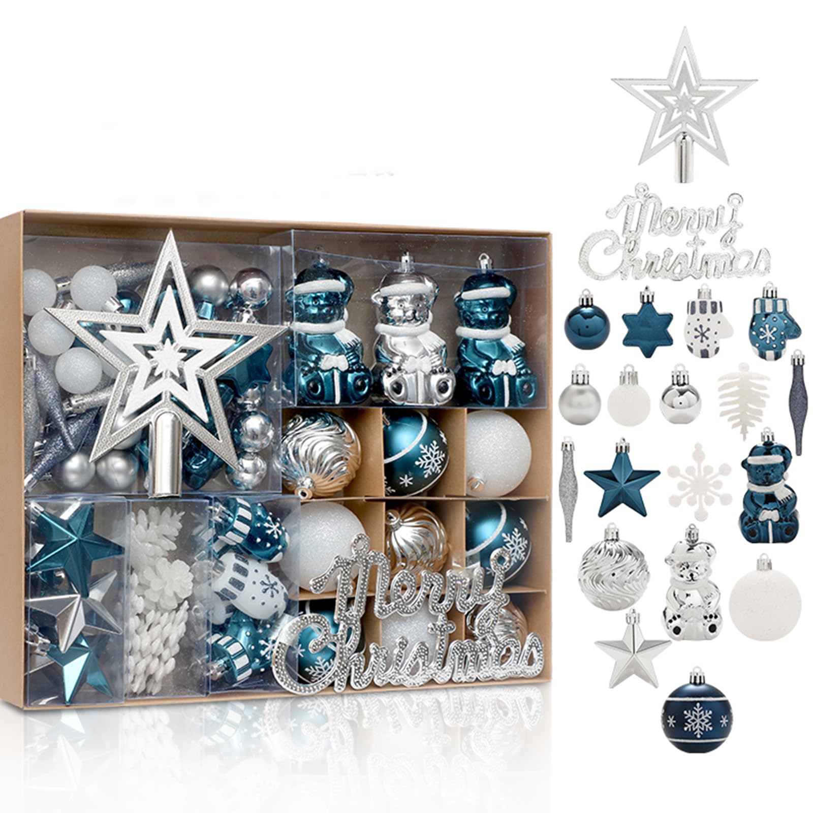 Set di palline di Natale Garvee da 70 pezzi, blu e argento, plastica infrangibile, decorazione per interni ed esterni, stella e Buon Natale, versatile