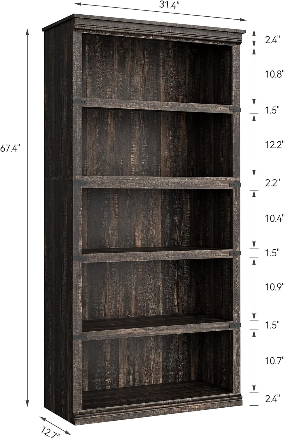 Scaffale in legno Garvee a 5 ripiani, 3+2 strati, antiribaltamento, stile fattoria, MDF e legno massello, soggiorno, ufficio, marrone