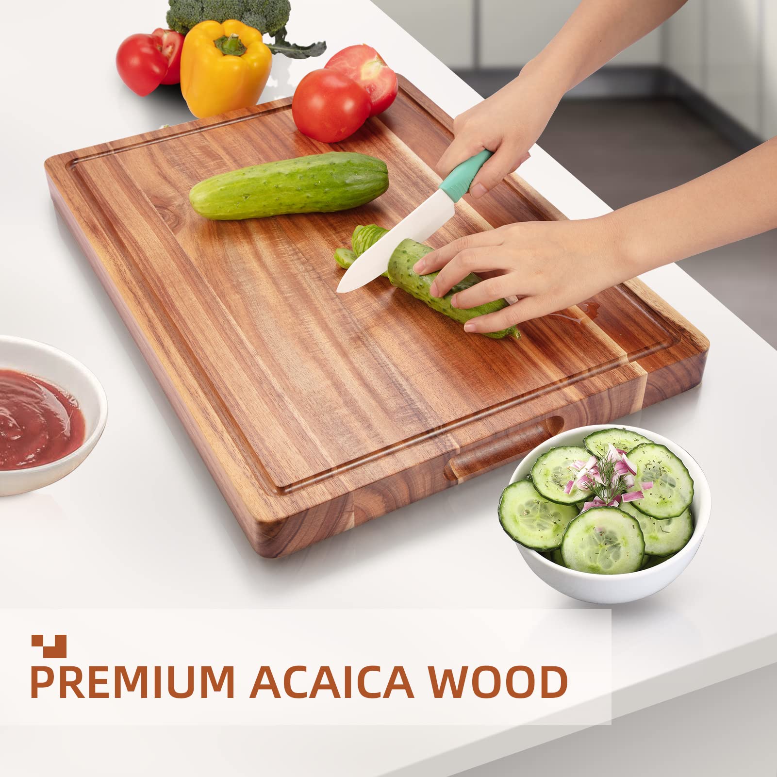 Tagliere in legno di acacia Garvee 50 x 38 x 3,8 cm con scanalatura per il succo – Utilizzabile su entrambi i lati, robusto e versatile per la cucina e il piacere