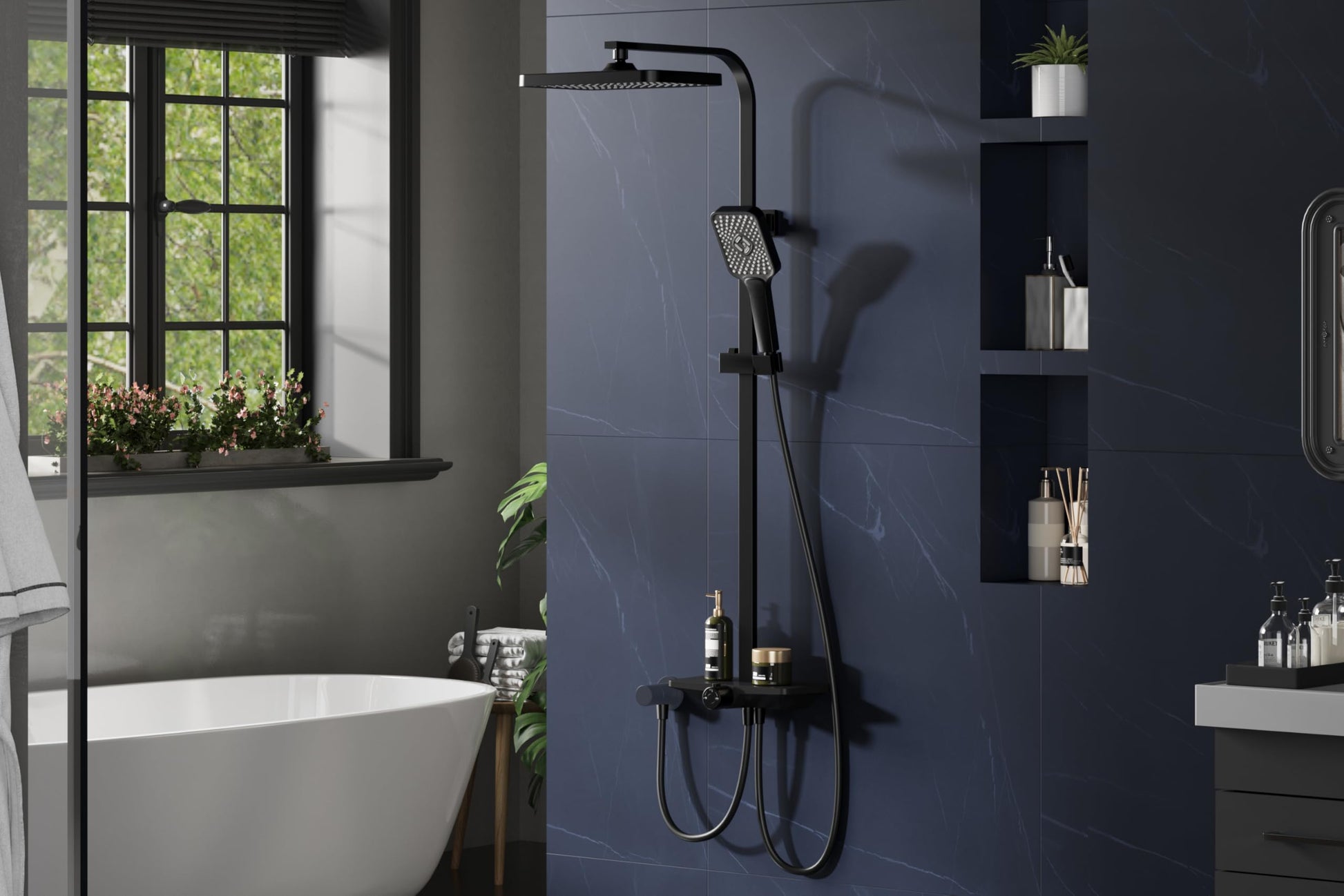 GARVEE Doccia a pioggia senza rubinetto con mensola – Colonna doccia regolabile in acciaio inox nero 30x20,5 cm