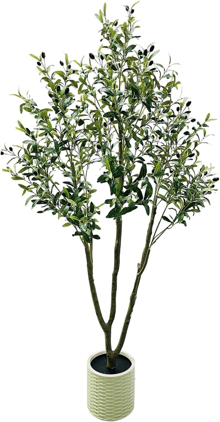 Albero di ulivo nero artificiale Garvee da 7 piedi con vaso per soggiorno e ufficio, tronco flessibile in filo metallico, poliestere, vaso bianco