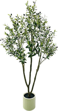 Albero di ulivo nero artificiale Garvee da 7 piedi con vaso per soggiorno e ufficio, tronco flessibile in filo metallico, poliestere, vaso bianco