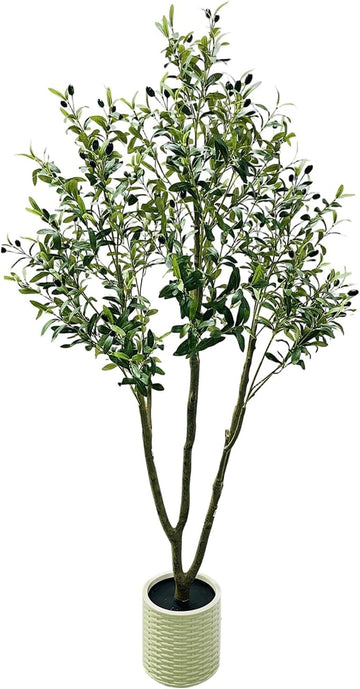 Albero di ulivo nero artificiale Garvee da 7 piedi con vaso per soggiorno e ufficio, tronco flessibile in filo metallico, poliestere, vaso bianco