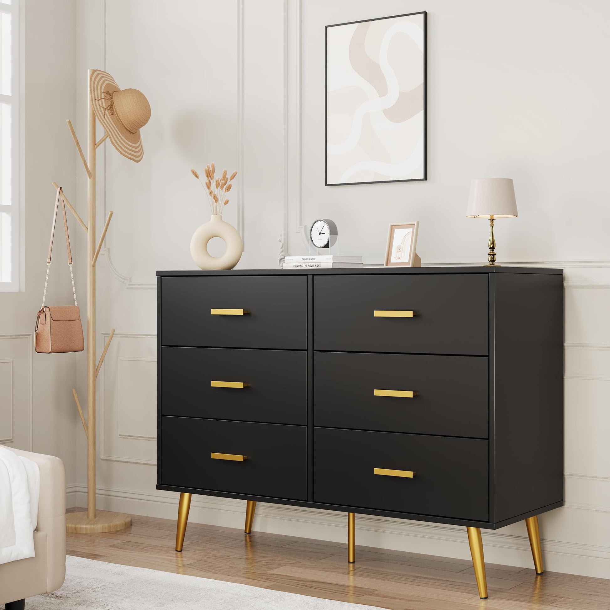Cassettiera moderna Garvee a 6 cassetti con contenitore, in legno MDF, maniglie dorate per camera da letto e soggiorno, nera, versatile
