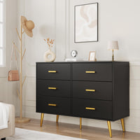 Cassettiera moderna Garvee a 6 cassetti con contenitore, in legno MDF, maniglie dorate per camera da letto e soggiorno, nera, versatile