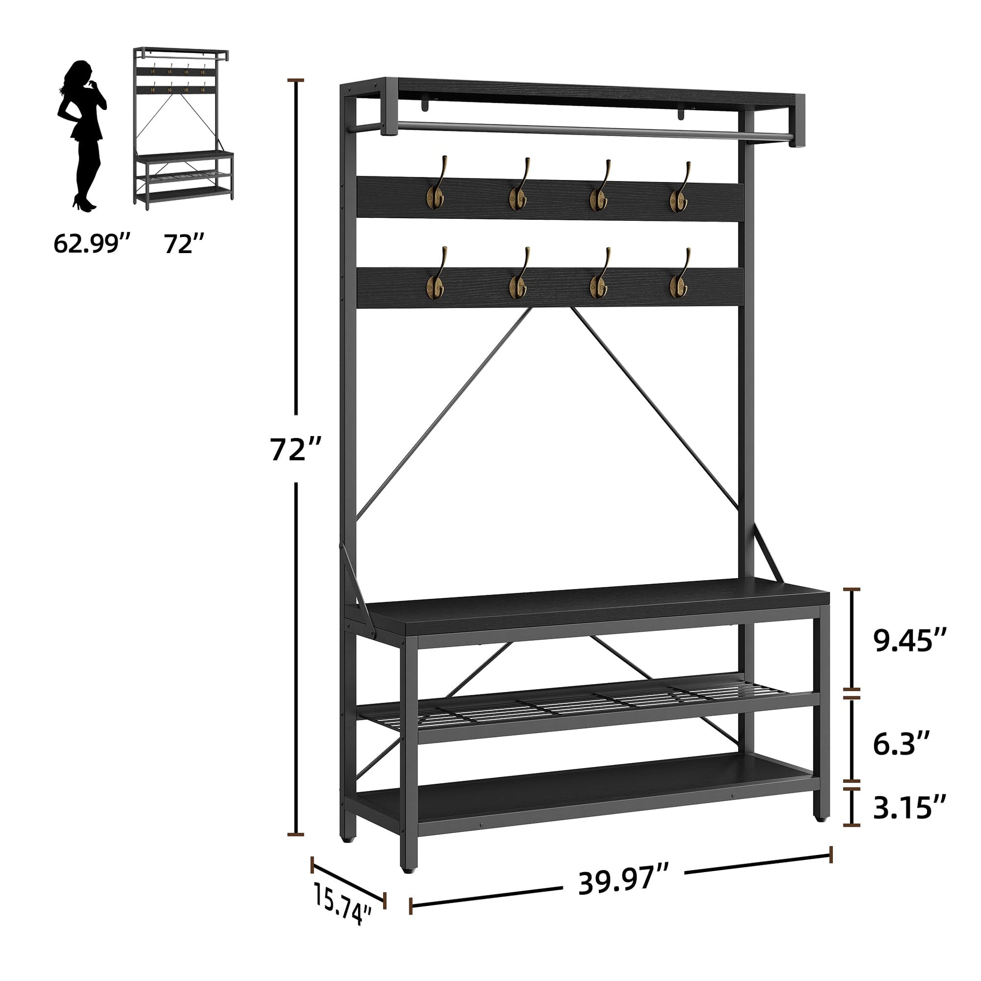 Appendiabiti industriale Garvee con 8 ganci, effetto legno, struttura in metallo, piedini regolabili per corridoio 101.35x39.88x182.88 cm