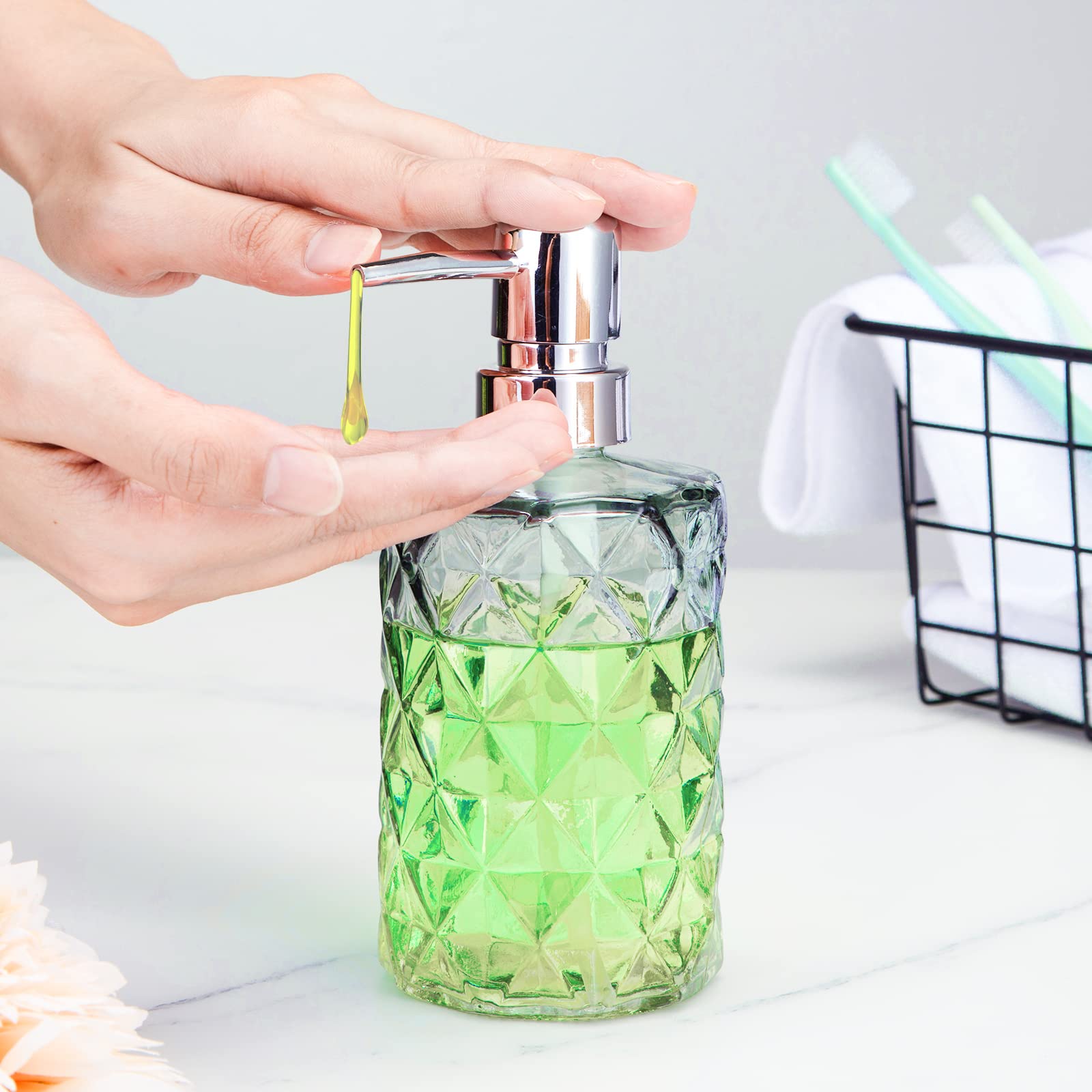 Garvee Set di 2 dispenser di sapone in vetro da 12 once con design a diamante, pompa in acciaio inossidabile, nero trasparente, per bagno e cucina