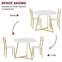 Set da pranzo Garvee per 2, tavolo da cucina rotondo moderno con sedie imbottite, marmo bianco e oro, MDF e acciaio, salvaspazio per stanze piccole