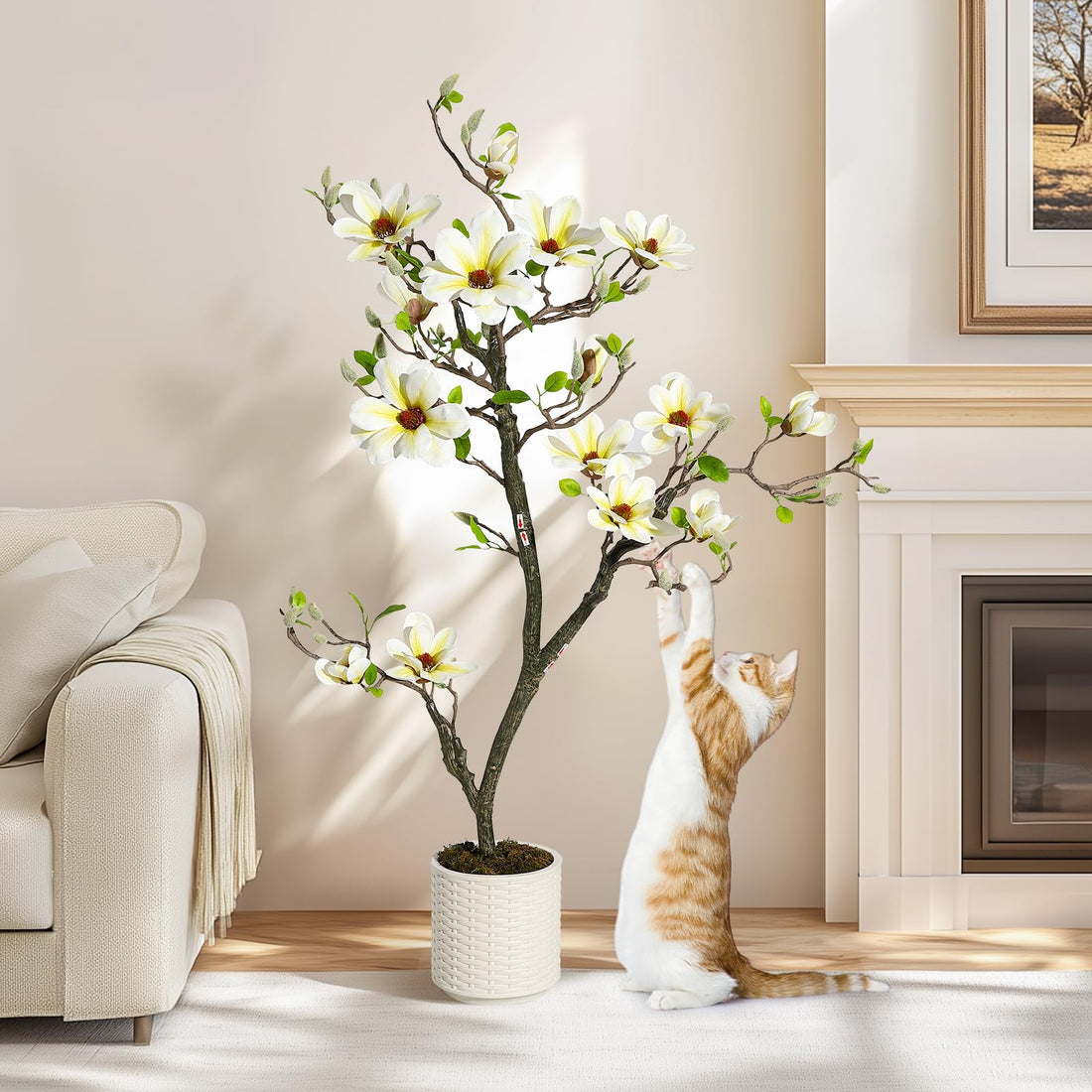 Albero di magnolia artificiale Garvee, 4 piedi, bianco, con rami regolabili, per uso interno ed esterno, ufficio e casa, materiale di alta qualità, base stabile