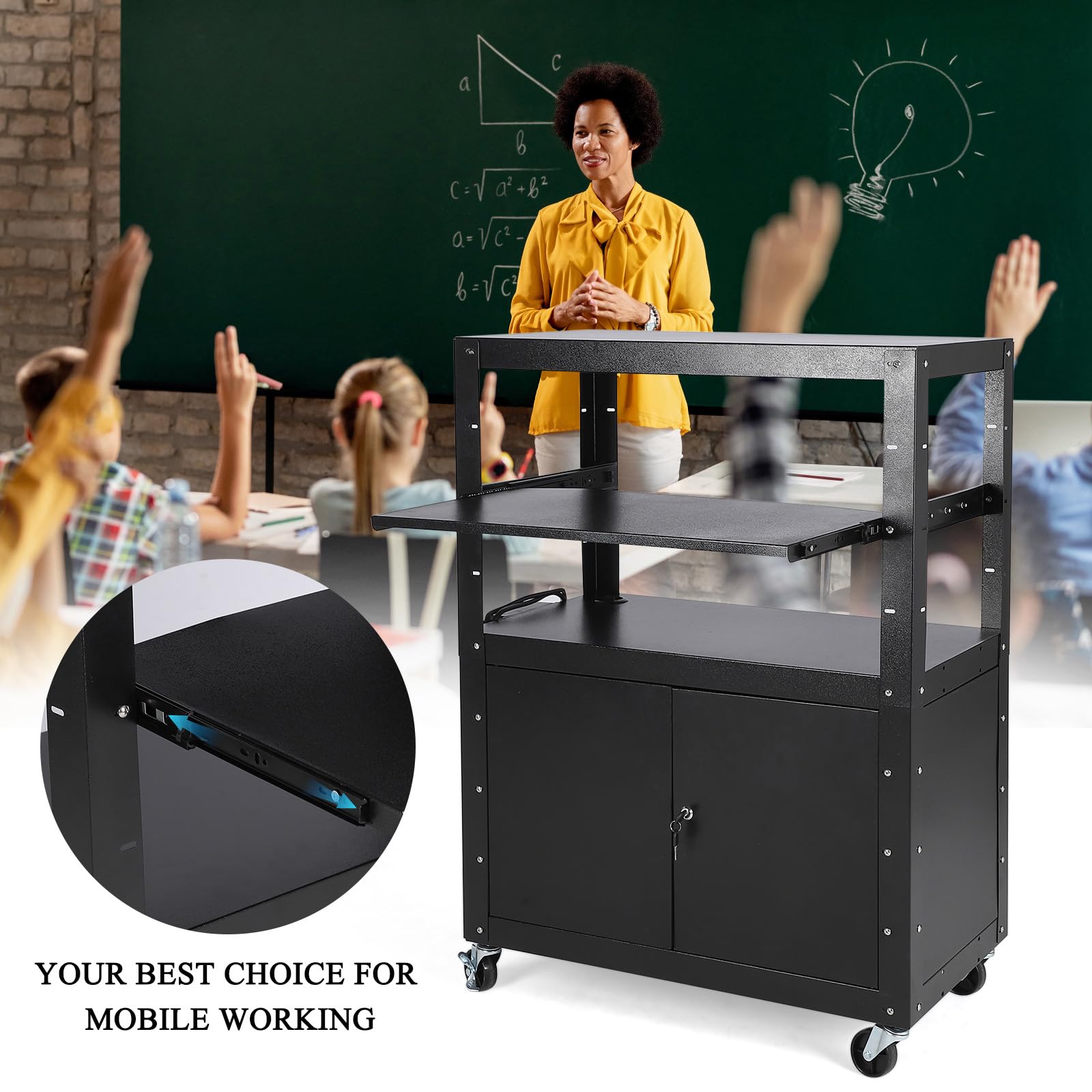 Carrello AV mobile Garvee con serratura, supporto tramite laptop regolabile in altezza, acciaio, ruota con frequenza, ufficio e presentazioni, nero, 24-42 pollici