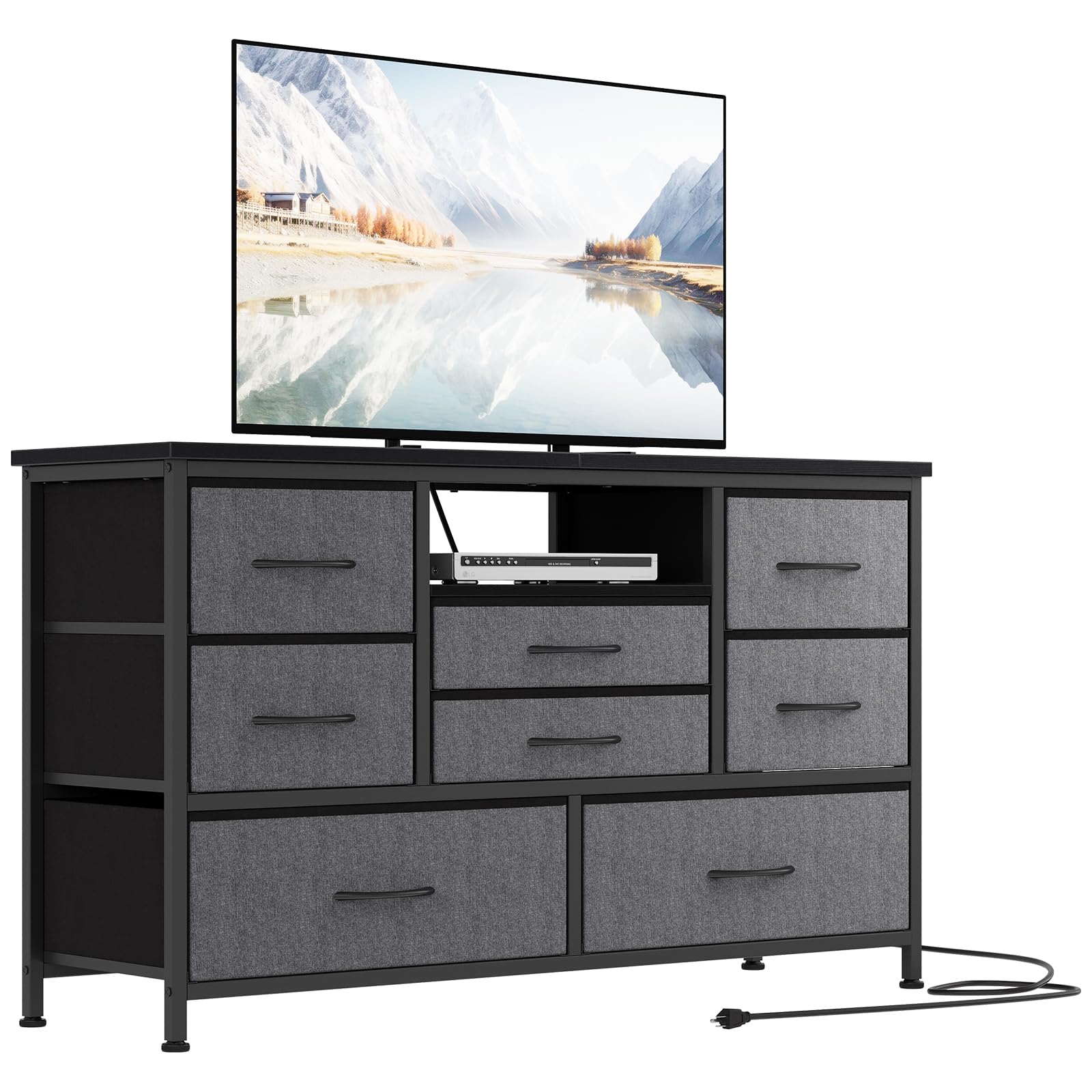 Cassettiera in tessuto Garvee con 8 cassetti, porta TV con prese LED per camera da letto, soggiorno, TV da 55'' in MDF beige