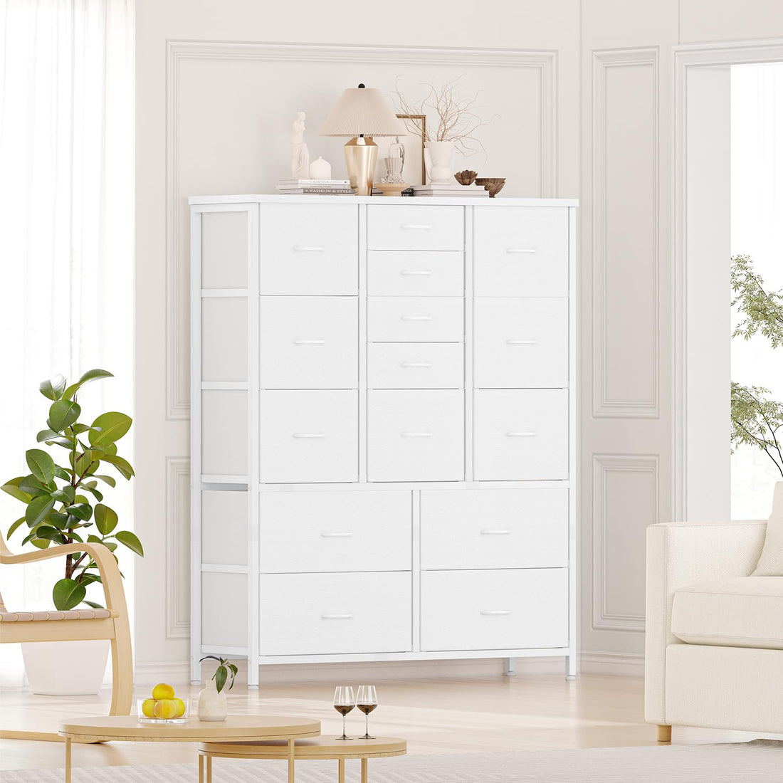 Cassettiera Garvee a 15 cassetti con piano in legno, struttura in metallo, cassetti in tessuto per camera da letto e corridoio, versatile, robusta, grigia