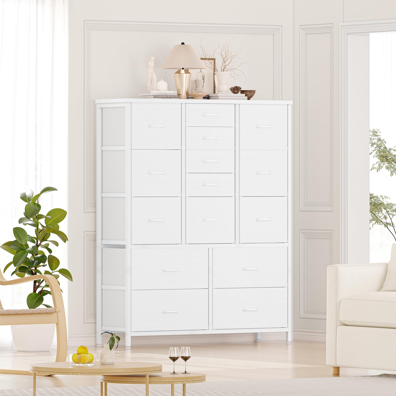 Cassettiera Garvee a 15 cassetti con piano in legno, struttura in metallo, cassetti in tessuto per camera da letto e corridoio, versatile, robusta, grigia
