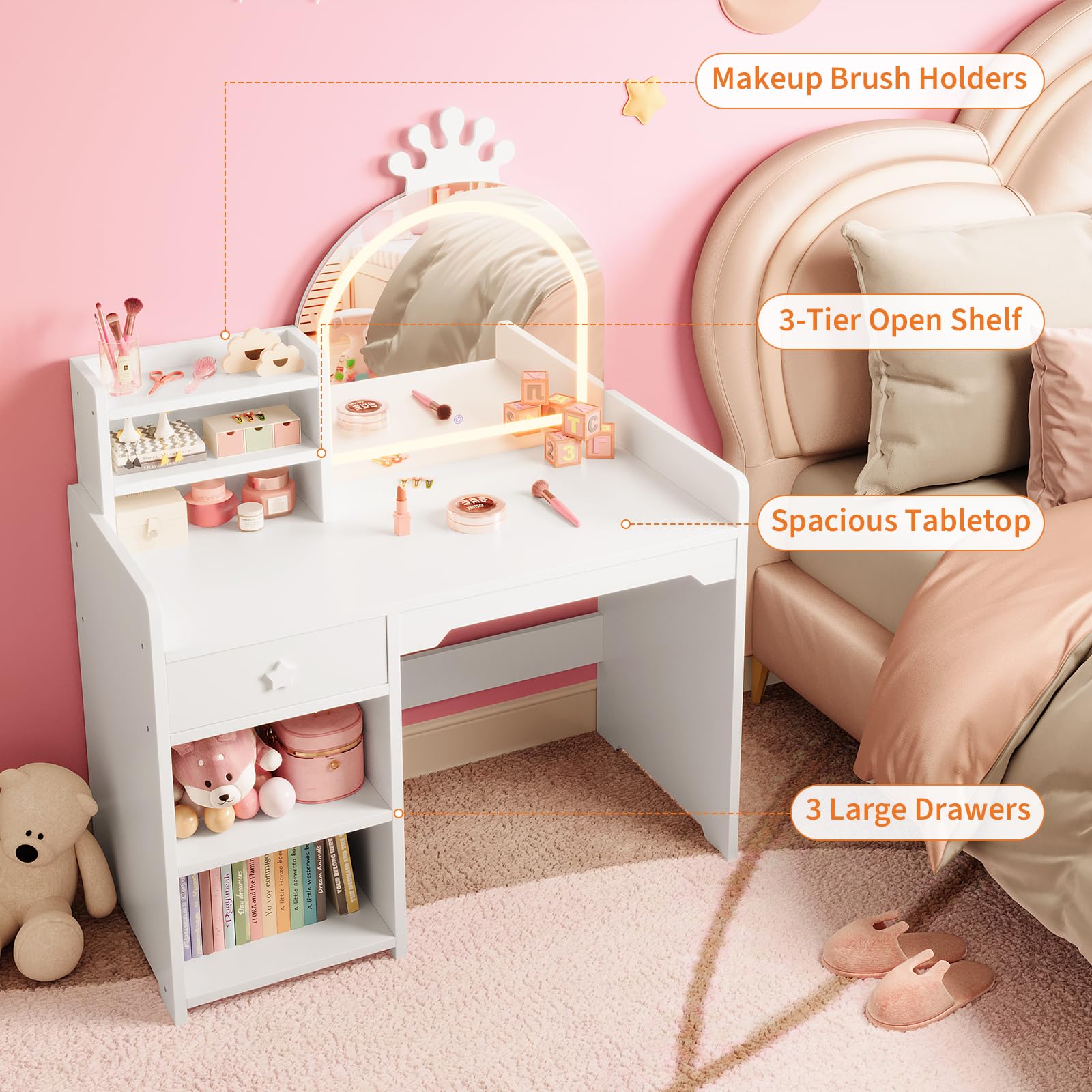Tavolo da toeletta per bambini Garvee con specchio illuminato, set da toeletta 2 in 1 da principessa, in legno, con contenitore e mensola, cassaforte, per la cameretta delle bambine, bianco