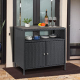 Mobiletto portaoggetti da esterno Garvee in vimini con ripiano, resistente alle intemperie, tavolo in alluminio, 2 ante, chiusura magnetica, grigio, giardino e patio - Nero + Grigio