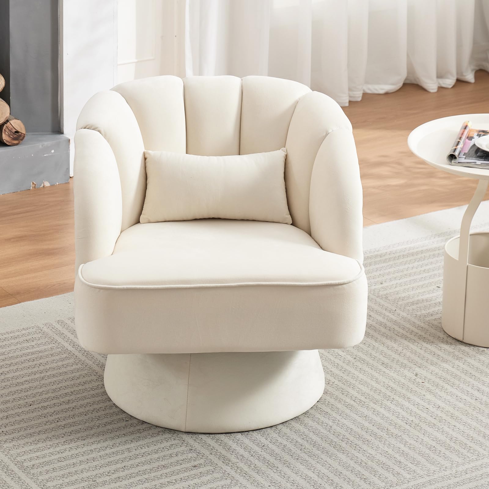 Poltrona girevole moderna Garvee a forma di botte, con rivestimento in velluto beige a 360°, per soggiorno e camera da letto