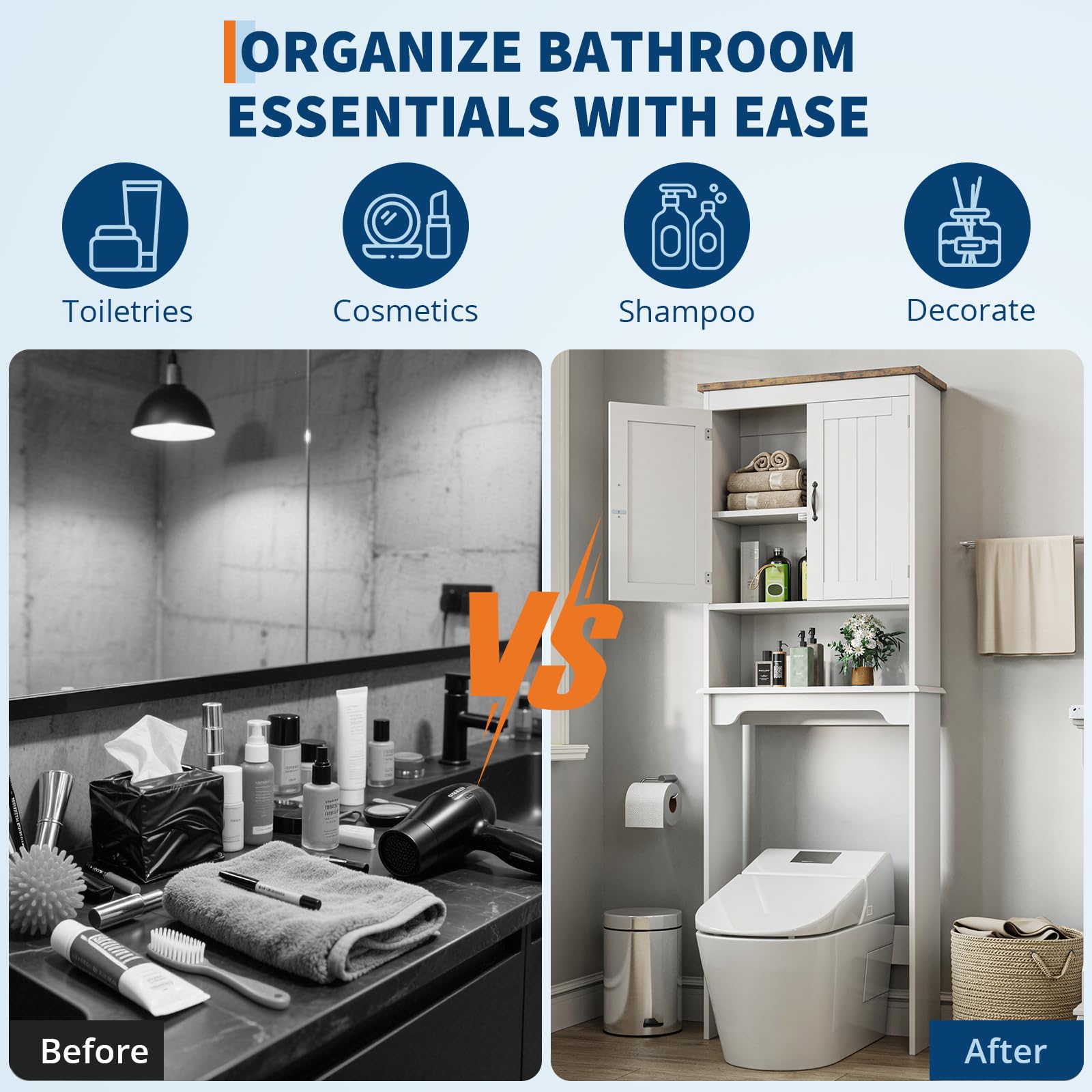 Mensola da bagno Garvee sopra il WC, 66 pollici di altezza, doppie ante, ripiani regolabili, legno, bianco, salvaspazio