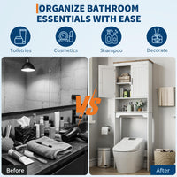 Mensola da bagno Garvee sopra il WC, 66 pollici di altezza, doppie ante, ripiani regolabili, legno, bianco, salvaspazio