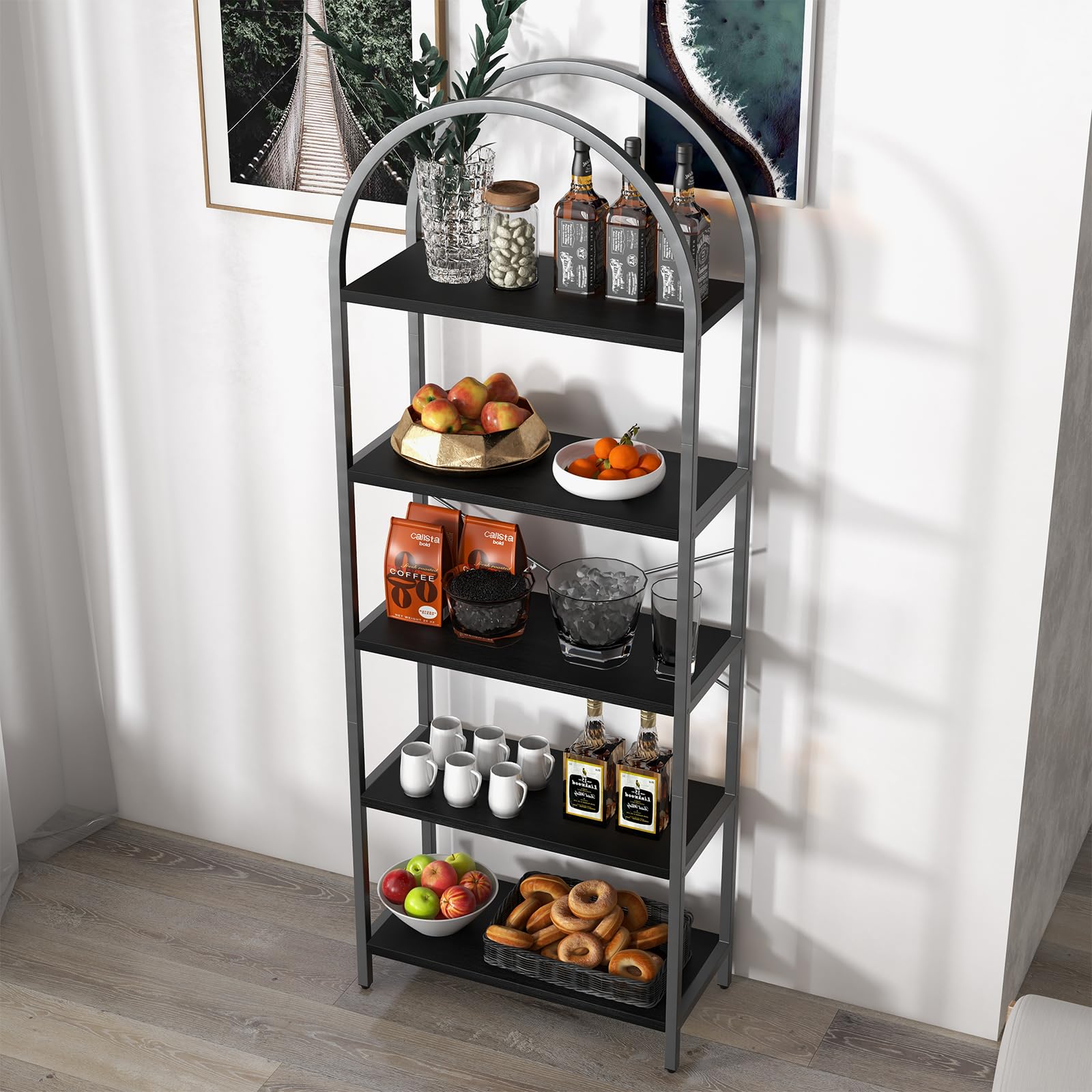 Libreria Garvee a 5 ripiani con struttura in metallo, ampio ripiano aperto, scaffalatura ad arco, nera per soggiorno e ufficio