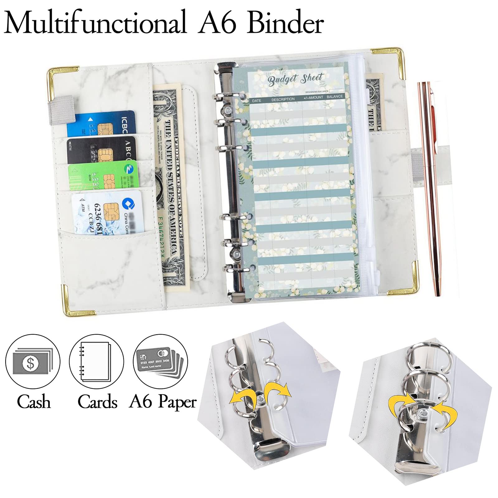 Raccoglitore ad anelli Garvee Budget Planner A6 con buste porta denaro e vano porta contanti, raccoglitore per il risparmio per il budget familiare, compatto e pratico, pellicola in PVC